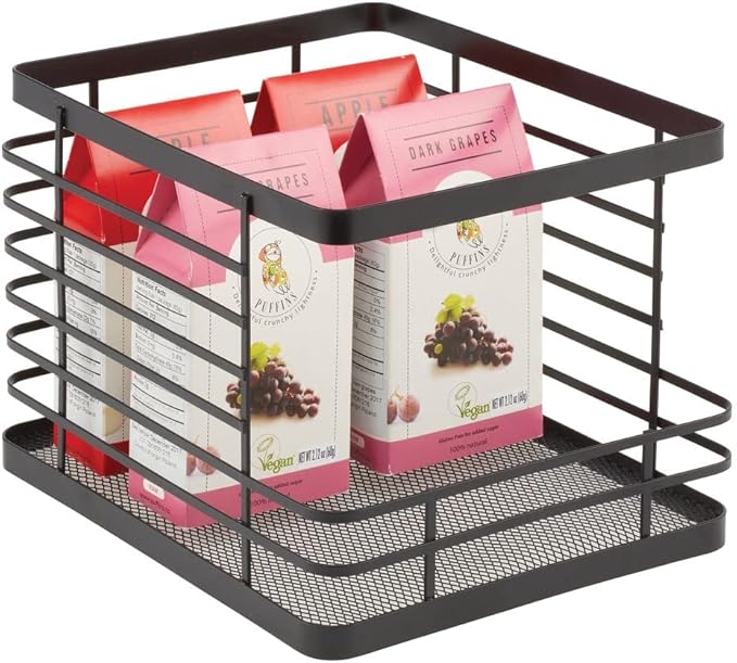 mDesign Stacking Wire Baskets Food Organizer Storage Metal Basket with Open Front for Kitchen Cabinet, Pantry, Cupboard, and Shelves - Organize Fruits, Snacks, and Vegetables - 2 Pack - Matte Black