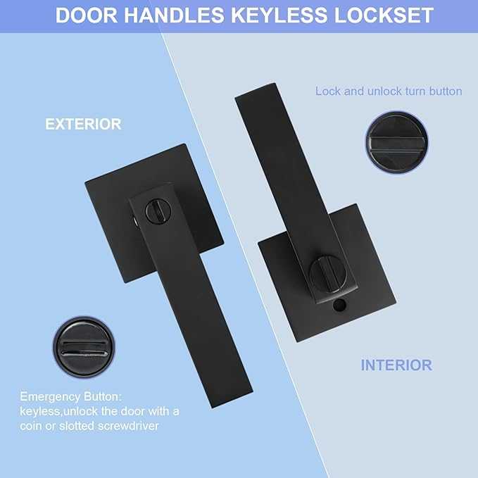 Privacy Interior Door Lever, 2 Pack Heavy Duty Matte Black Door Handles Square Door Knobs for Bedroom & Bathroom Keyless Door Lock Handles for Right & Left Sided Doors