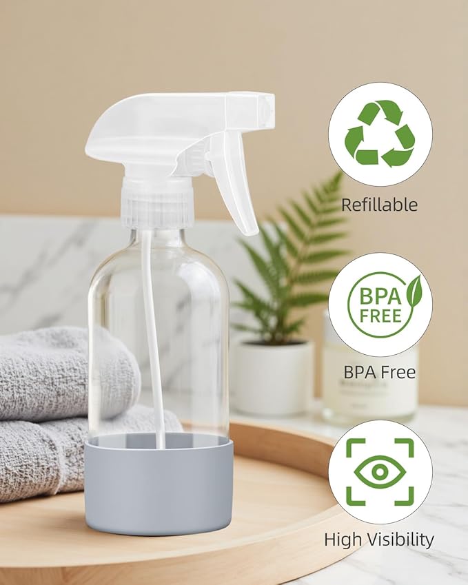 4 Pack Glass Spray Bottles 8 oz, Empty Refillable Containers with Silicone Sleeve Protection, Glass Spray Bottles for Cleaning Solutions, Hair and Plants with Adjustable Nozzles Blue&Grey