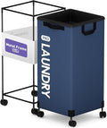 Caroeas Next-Gen 105L Matel Frame Laundry Basket with wheels, Heavy Duty Tall Rolling Laundry Hamper with Removable Wash Bag, Collapsible Freestanding Clothes Hamper (105L,Navy Blue,1Pack)