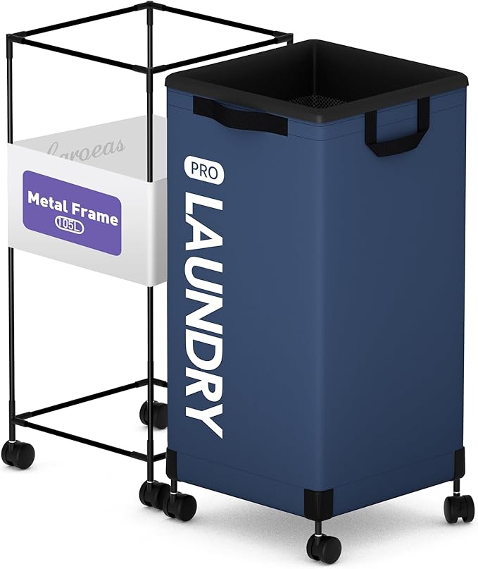 Caroeas Next-Gen 105L Matel Frame Laundry Basket with wheels, Heavy Duty Tall Rolling Laundry Hamper with Removable Wash Bag, Collapsible Freestanding Clothes Hamper (105L,Navy Blue,1Pack)