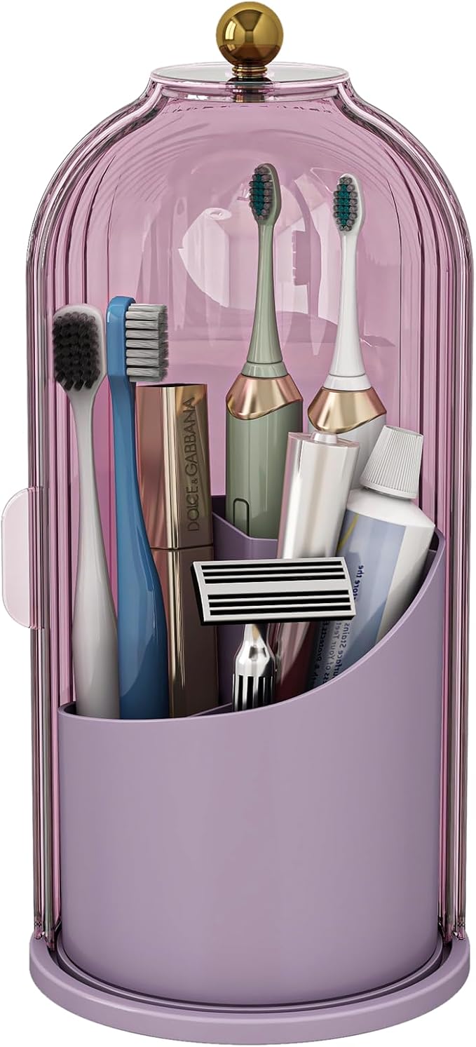Zufudo Dustproof Toothbrush Holders with Cover, Rotating Electric Toothbrush and Toothpaste Holder for Bathroom Countertop, 3 Slots Makeup Brushes Organizer, All Pink