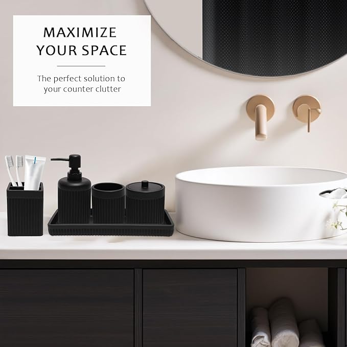 Matte Black Bathroom Sets with Shower Curtain and Rugs, 8-Piece Resin Bathroom Accessories Sets Complete, Soap Dispenser, Toothbrush Holder, Tumbler, Tray & Apothecary Jars Bathroom Essentials