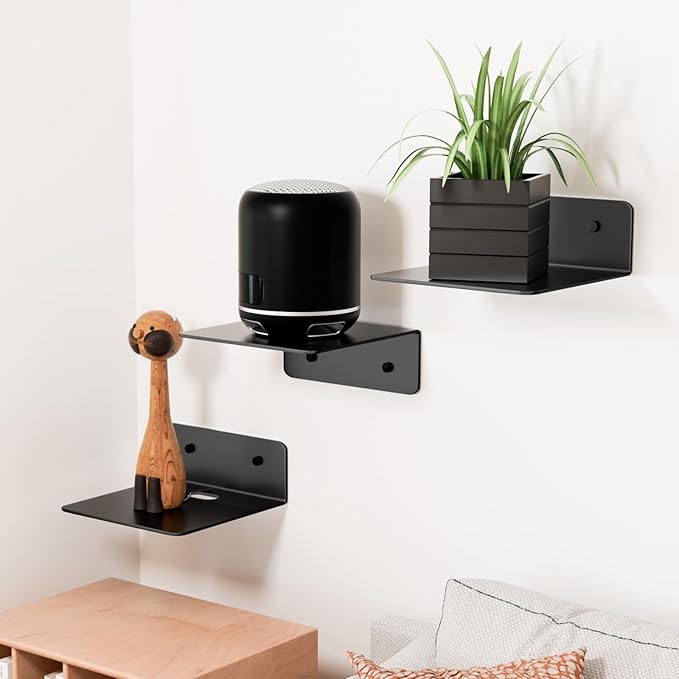 Wisfame Small Wall Shelves Set of 3, 5 Inch Metal Display Ledges for Small Models, Funkos, Collectibles, Little Statues, Adhesive Floating Shelves for Bathroom, Living Room, Bedroom (Black)