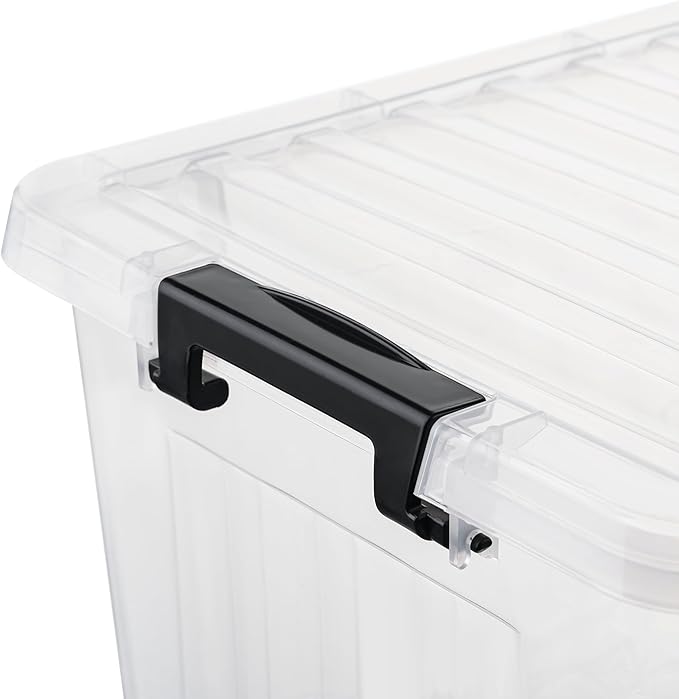 Lidded Storage Bin, Stackable Plastic Storage Box with Snap Lock Lid, Clear, 18 Quart, Pack of 6