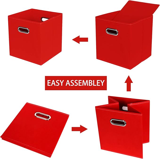 Fabric Cloth Storage Bins,Fabric Cube Bins Organizer with Dual Handles Foldable Cube Storage Baskets for Home Bedroom Storage,Set of 6,(Red)