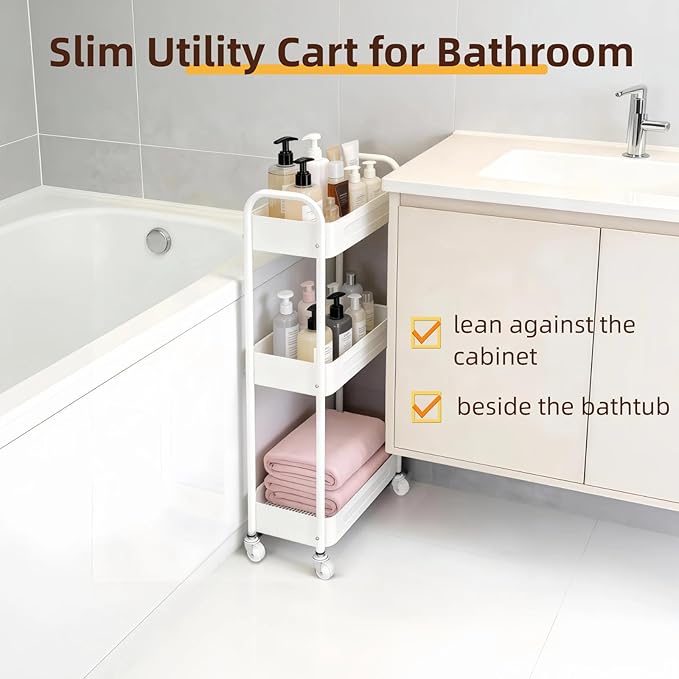 3 Tier Narrow Rolling Storage Cart for Laundry Room Bathroom Kitchen, 7.1'' Slim Utility Cart with Wheels and Lockable Casters Standing Shelf for Small Space & Between Washer and Dryer, White
