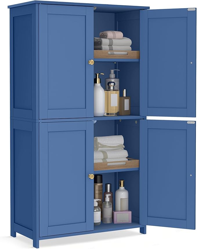 VASAGLE Floor Storage Cabinet, Shaker Cabinet with 2 Adjustable Shelves, 4 Doors, Tall Freestanding Organizer Unit, for Kitchen Bathroom Living Room, Bijou Blue UBBC553QE01S