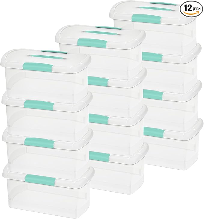 Sterilite Medium Nesting ShowOffs, Stackable Small Storage Bin with Latching Lid and Handle, Plastic Container to Organize Home, Clear, 12-Pack