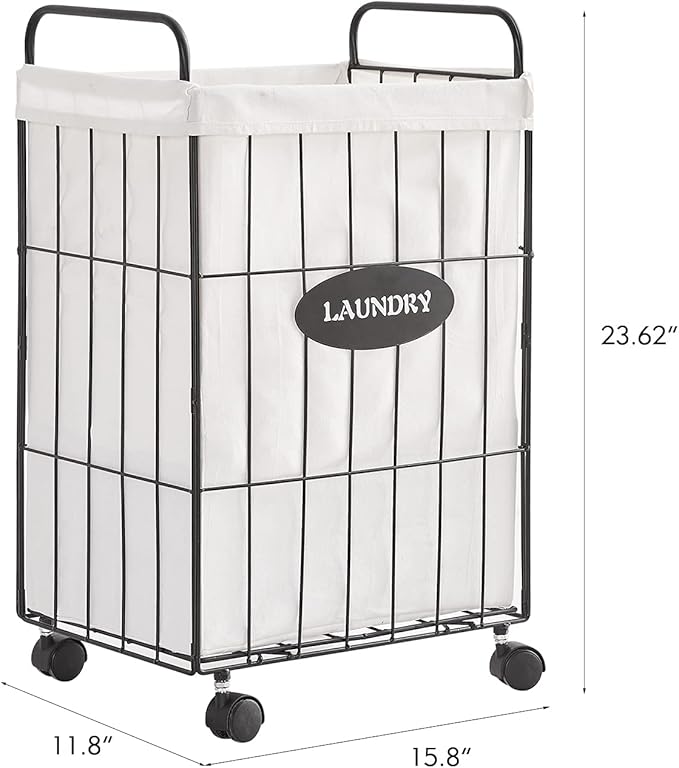 Mxfurhawa Iron Wire Laundry Hamper With Rolling Lockable Wheels, Folding Laundry Storage Basket with Handles,Detachable Liner Collapsible Dirty Laundry Cart Sorter Clothes Basket Organizer (23.6 inch)