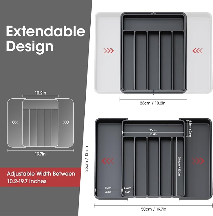 Aujen Silverware Organizer - Expandable Kitchen Drawer Organizer, Adjustable Utensil Organizer, Cutlery Tray for Forks, Knives, Multipurpose Kitchen Organizers and Storage Solution, Black, Large