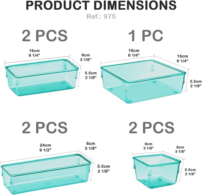 Acrimet Drawer Organizer Modular, Box Tray Storage Bins for Office, Home, Makeup, Kitchen, Junk Drawer (7 Units - 4 Sizes) (Clear Green Plastic)