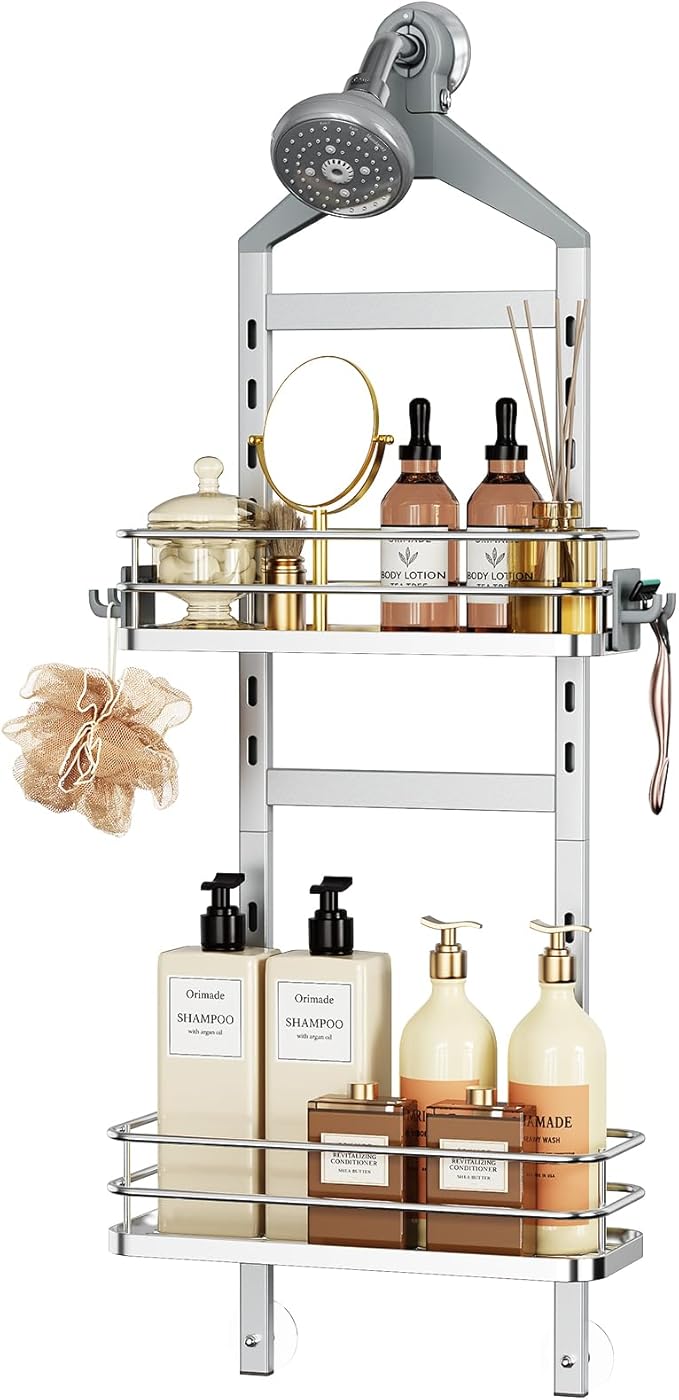 Orimade Aluminum Hanging Shower Caddy Over Head, Adjustable Bathroom Shelf with Hooks, Anti-Slip Rustproof Organizer Storage Rack Basket, Silver, 2 Tier