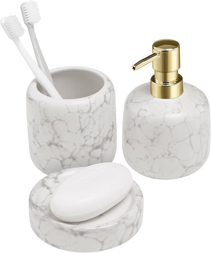 Navaris Ceramic Bathroom Sink Accessories Set - Complete 3pc White Marble Effect Accessory Set - Soap Dispenser, Toothbrush Holder & Tray - Sets for Bathrooms and Kitchen Sinks