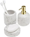 Navaris Ceramic Bathroom Sink Accessories Set - Complete 3pc White Marble Effect Accessory Set - Soap Dispenser, Toothbrush Holder & Tray - Sets for Bathrooms and Kitchen Sinks