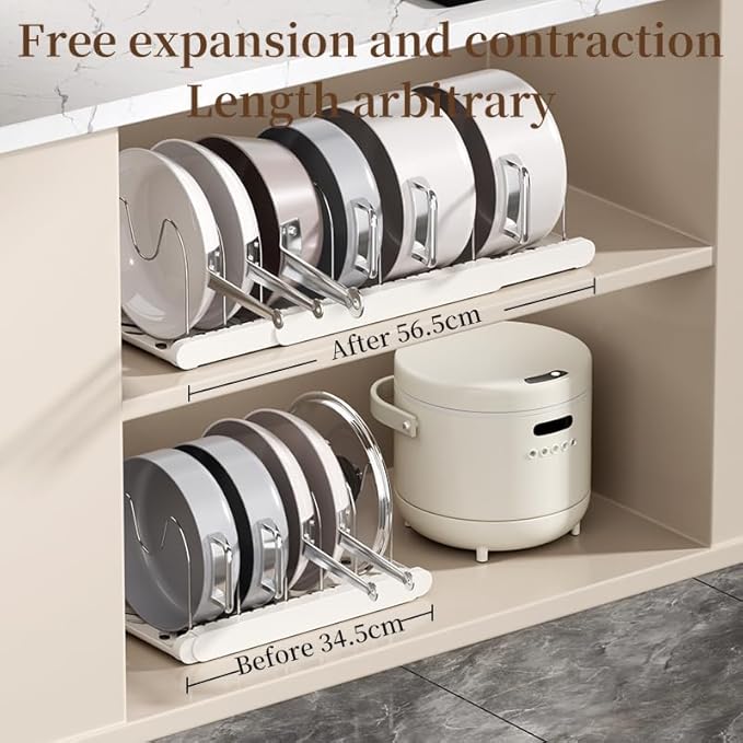 Pot Rack -Expandable Pan Organizer for Cabinet,Pot Lid Holder with 7 Adjustable Compartment for Kitchen Cabinet Cookware Baking Frying Rack,2Pack,Apricot