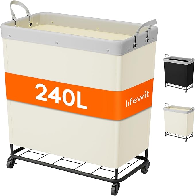 Lifewit 240L Laundry Basket with Wheels, Large Heavy Duty Commercial Rolling Laundry Hamper with Handles, Tall Steel Frame Laundry Cart for Laundry Room Bedroom Hotel Home Dorm, White