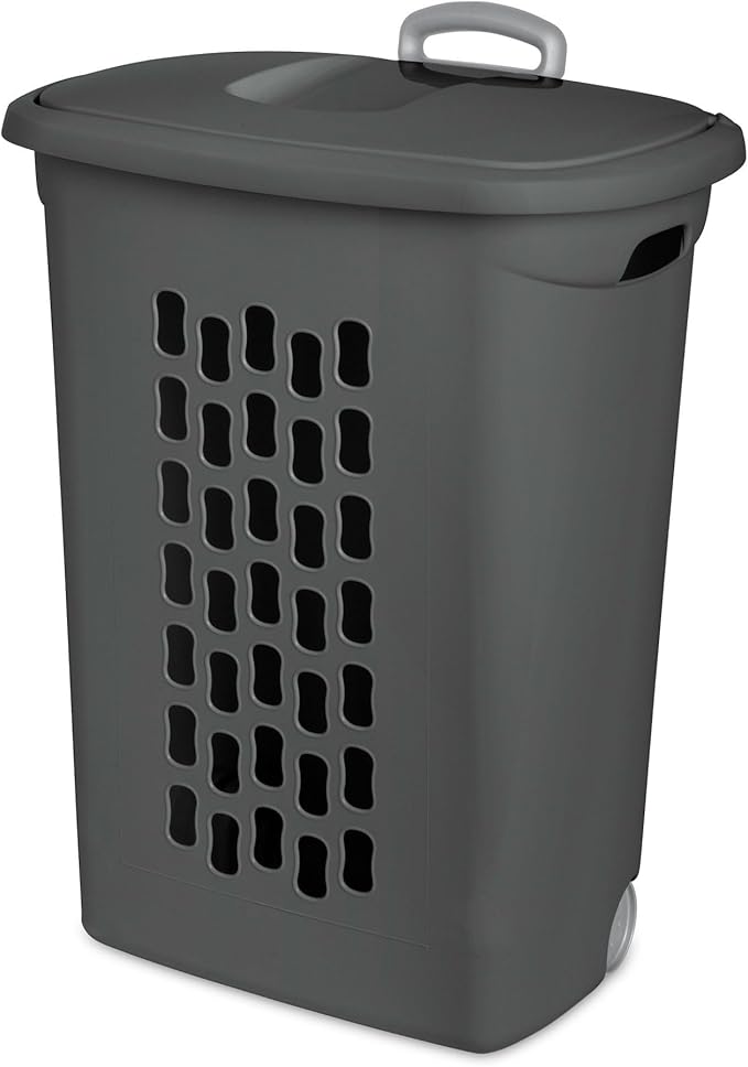 Sterilite 3-Pack Ultra Wheeled Hamper, Plastic Rolling Laundry Basket, Flat Gray - Portable Clothes Carrier with Flip-Top Lid and Retractable Handle for Home, Apartment, and Dorm