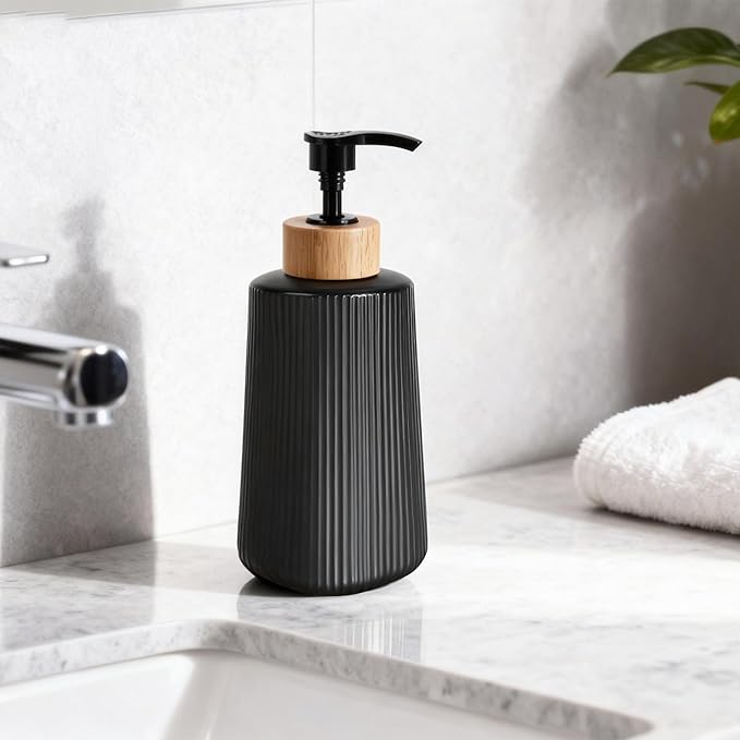 Glass Soap Dispenser, Thickened Glass Hand Soap Dispenser for Bathroom, Kitchen Dish Washing Liquid Bottles, Shampoo and Conditioner Bottles, Modern Farmhouse Style, (Black, Set of 1, 12oz)