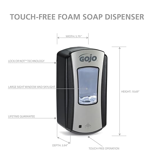 GOJO LTX-12 Touch-Free Foam Hand Soap Dispenser, Chrome/Black, for 1200 mL GOJO LTX-12 Foam Hand Soap Refills (Pack of 1) - 1919-01