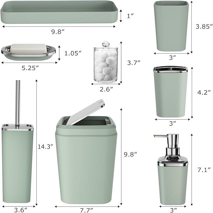 Bathroom Set, Sage Green Bathroom Accessories Set with Press-on Lid Bathroom Trash Can, Soap Dispenser, 10PC Bathroom Accessory Set for Home