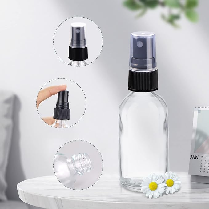 Wedama 2 oz Mini Glass Spray Bottles, Empty Small Spray Bottles with Funnel Dropper, Fine Mist for Hair, Travel, Plants, Cleaning Solutions and Skin Care (4 Pack Clear)