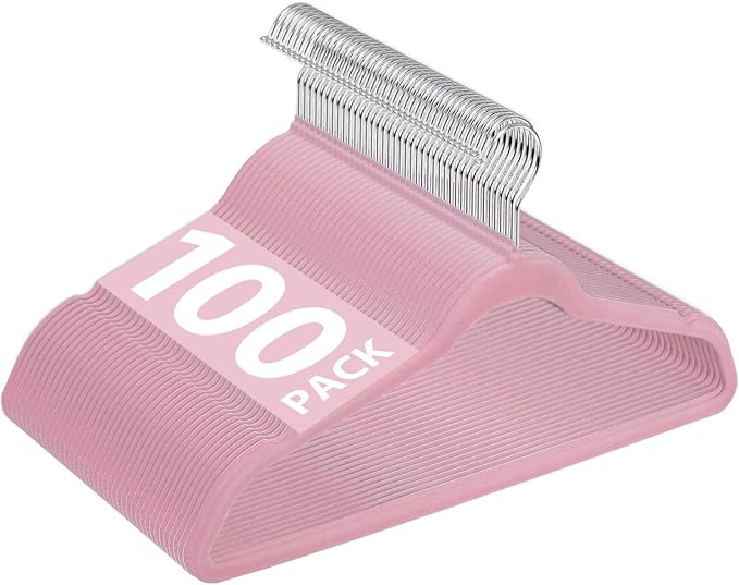 ZenStyle 100 Pack Ultra Thin Velvet Hangers - Clothes Suit Hangers, 360 Degree Swivel Hook, Velvet Flocked Surface (Pink)