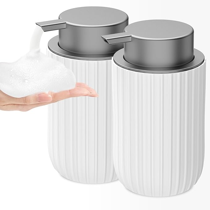 Ceramic Foaming Soap Dispenser, 12 oz Bathroom Foam Hand Soap Dispenser, Refillable Lotion Soap Dispenser with Removable Pump for Kitchen Hand Wash Dispenser, Modern Home Decor(2Pack-White)