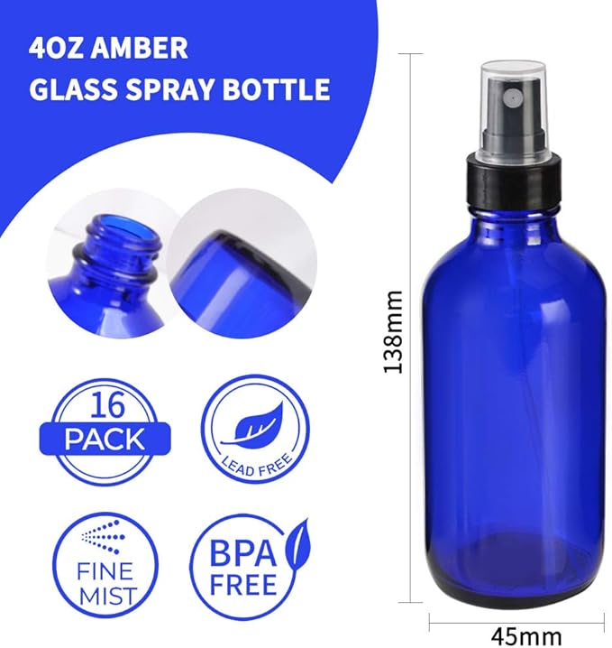 STARSIDE 16 Pack 120 ml 4oz Blue Glass Spray Bottles with Fine Mist Sprayer & Dust Cap for Essential Oils, Perfumes,Cleaning Products.Included 1 Brush,2 Funnels,2 Droppers & 18 Labels.