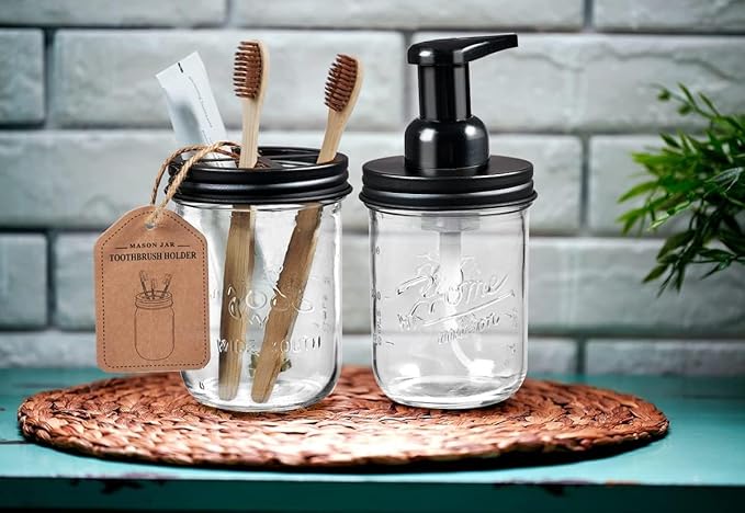 SheeChung Bathroom Accessories, Toothbrush Holder, Foaming Soap Dispenser, Bathroom Decor, Bathroom Accessory Set, Dish Soap Dispenser for Bathroom, Kitchen Sink - Black