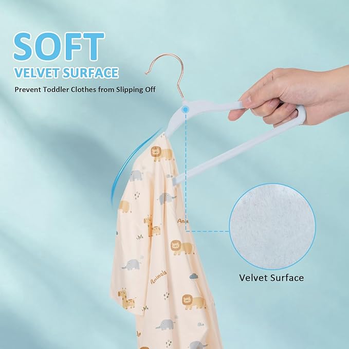 30-Pack 11 Inch Baby Closet Hangers with 10 Clips - Soft Velvet Non-Slip Hangers for Infant & Toddler Clothes - Blue