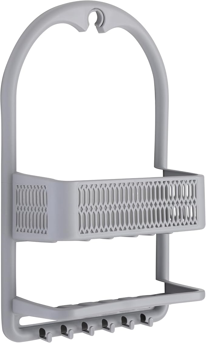 Bath Bliss Molded Shower Caddy | Bathroom Storage | Hangs Over Shower Head | 6 Accessory Hooks | Holds Razors | Washcloths | Accessories | Suction Cup Stability | Grey