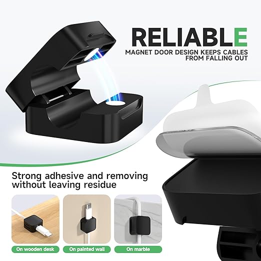 6 Black Magnetic Cable Clips,Under Desk Cable Management,Cord Holder for Nightstand Home Office Car Phone Wall,2025 Adhesive Cord Organizer[0.45" in Ht Save Space/Versatile for Wire Up to 0.27" OD]
