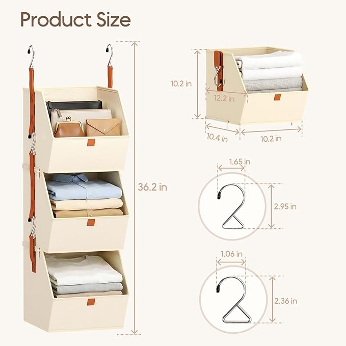 Collapsible Hanging Closet Organizer - 3 Tier Closet Shelves Storage System with Hooks, Fabric Hanging Storage Bins for Clothes, Foldable Storage Basket for Laundry, Bedroom, Rv, Beige