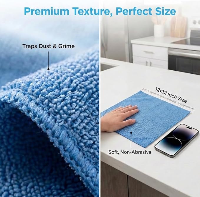 Microfiber Cleaning Cloth 12 Pack - 12 x 12 inches - Rags for Cleaning House Streak-Free Wipes for Screens, Dusting & Appliances - Premium Micro Fiber Cloth for Cleaning