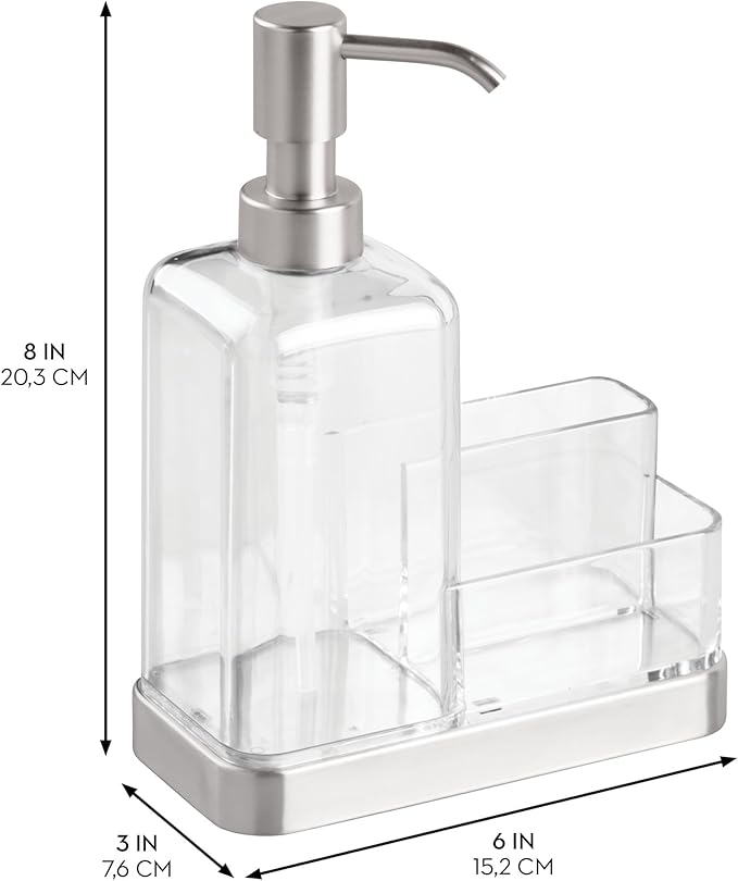 iDesign 67080 Forma Plastic Soap Pump with Caddy, Dispenser with Storage Compartment for Bathroom, Kitchen Countertops, Sinks, Set of 1, Stainless