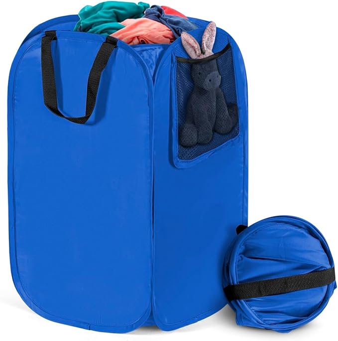 HOUSE AGAIN Upgraded Polyester Pop Up Laundry Hamper, Collapsible Laundry Baskets with Durable Handles Solid Bottom High Steel Frame and Side Pocket, Easy Open & Save space,Perfect for Storage(Blue)