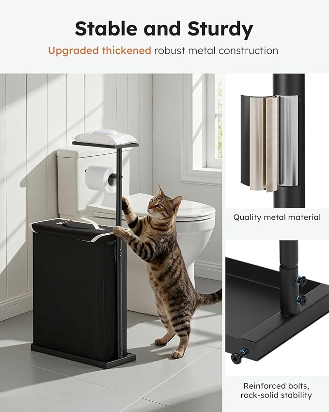 SOLEDI Freestanding Toilet Paper Holder Stand,Bathroom Toilet Paper Storage Organizer with Lid for up to 12 Rolls,Featuring Shelf and Sturdy Metal Base,Black