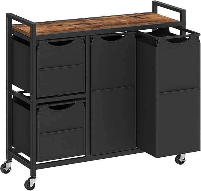 HOOBRO Laundry Sorter with 4 Section, 39 Gal. (147 L) Laundry Hamper with Wheels, Rolling Laundry Basket with Shelf, Pull-Out Detachable Bags, Side Pockets, Rustic Brown and Black BF14XY01N1