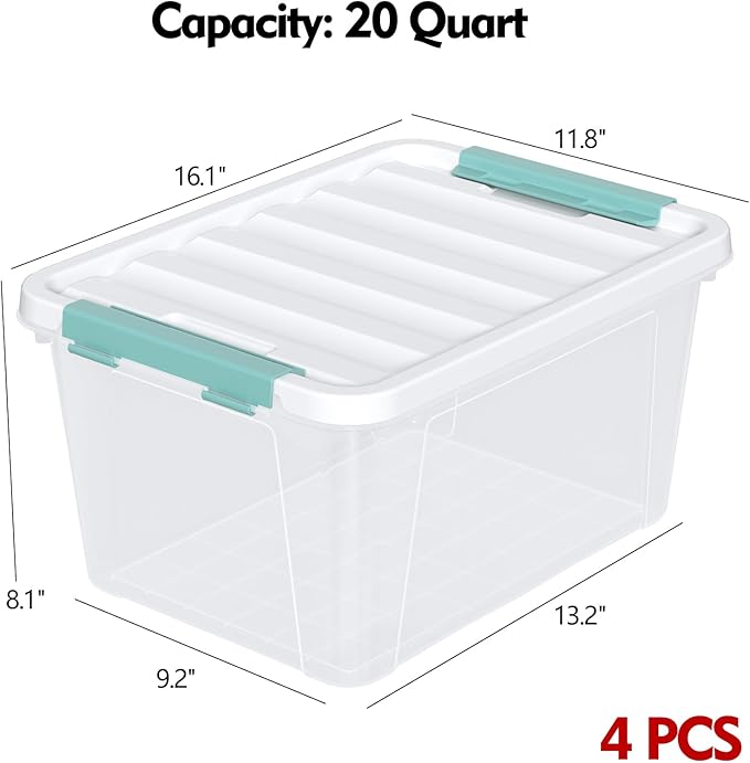 Jandson 4 Pack 20 Quart Plastic Organizer Bins with Lids, Multi-use Clear Latching Storage Boxes