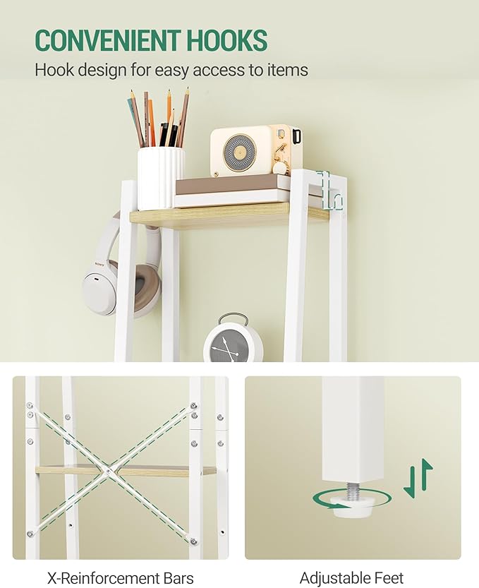 Ladder Shelf, Bookshelf Bookcase, Freestanding Corner Storage Shelve with 2 Hooks for Home Office, Living Room, Kitchen, Bedroom, Industrial, 11.8" D x 13.4" W x 72.8" H, White Oak and White