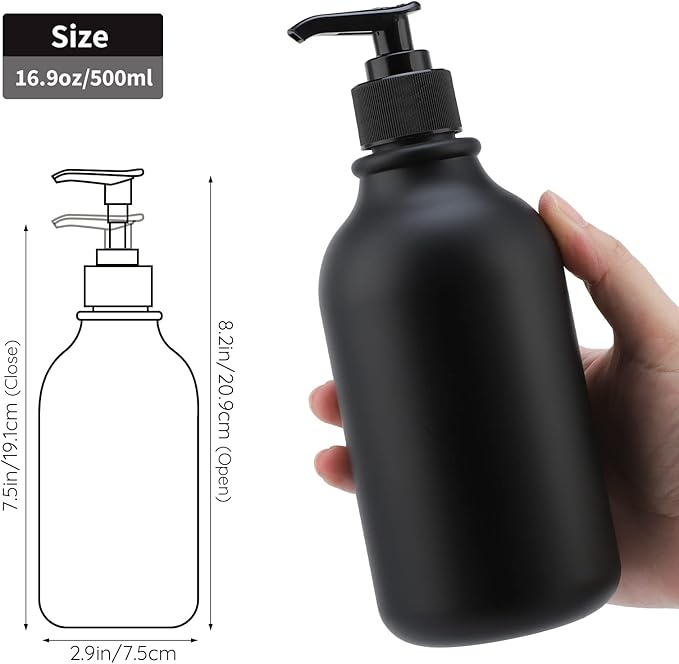 Segbeauty Matte Black Shampoo Dispenser, 2pcs 16.9oz Empty Refillable Pump Bottle with Labels, 500ml Plastic Press Lotion Dispenser Bathroom Shower Containers for Conditioner Hand Wash Gel Dish Soap