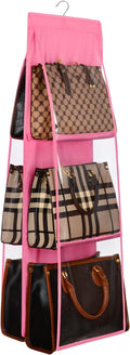 Lirex Medium and Large Handbag Hanging Purse Organizer for Closet, Handbag Storage Organizer Hanger Oxford Cloth Closet Organizer for Family Closet Bedroom, Foldable and Universal Fit, Pink