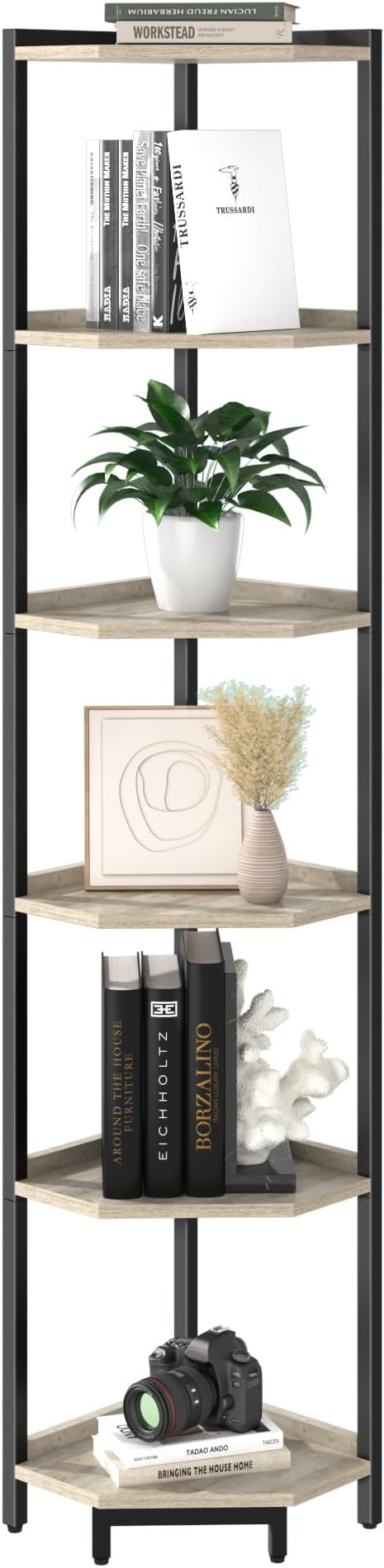 Corner Shelf Stand, Corner Bookshelf, Storage Standing Shelf Unit with Metal Frame, Plant Stand, Bookcase for Living Room, Home Office, Bedroom, 6-Tier Greige CS06005B