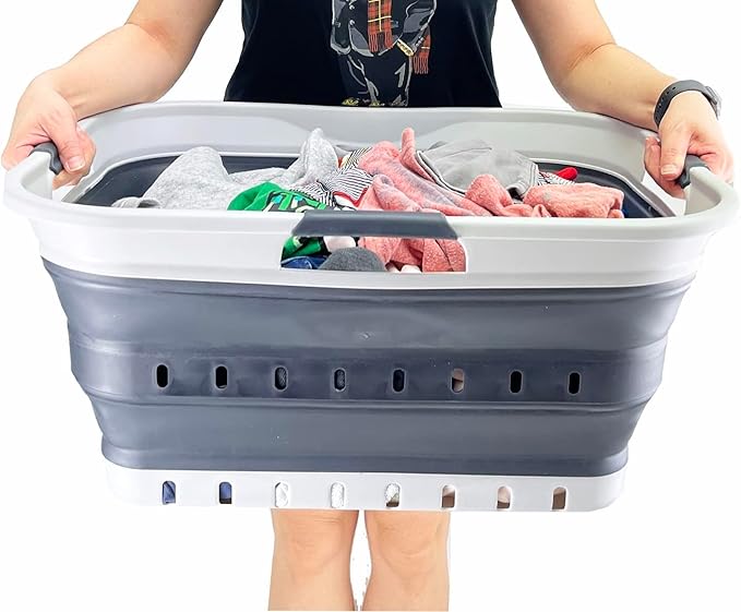 SAMMART 42L (11 gallon) Collapsible Plastic Laundry Basket - Foldable Pop Up Storage Container/Organizer - Portable Basket - Space Saving Hamper/Basket (Grey/Charcoal Black (Set of 2))