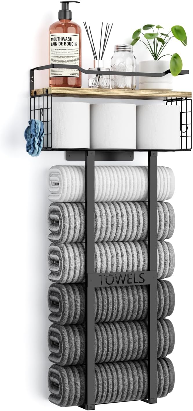 Towel Racks for Bathroom - Wall Mounted Metal Rack with Wood Plank, Bathroom Storage Organizer, Towel Holder Stores 6 Large Rolled Towels Easily, Black with Wood Plank