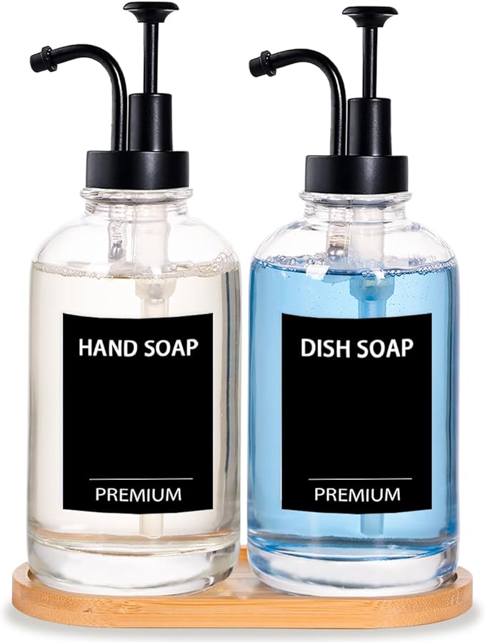 Dish Soap Dispenser for Kitchen, Hand Glass Soap Dispenser Set with Pump, Tray, Funnel for Bathroom, Shower, Laundry, Liquid, Lotion (Black 2 Pack 18 Oz Clear Bottles with 12 Stickers)