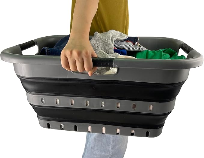 SAMMART Collapsible 3 Handled Plastic Laundry Basket - Foldable Pop Up Storage Container/Organizer - Portable Basket - Space Saving Hamper/Basket (Grey/Black, 3 handled rectangular)