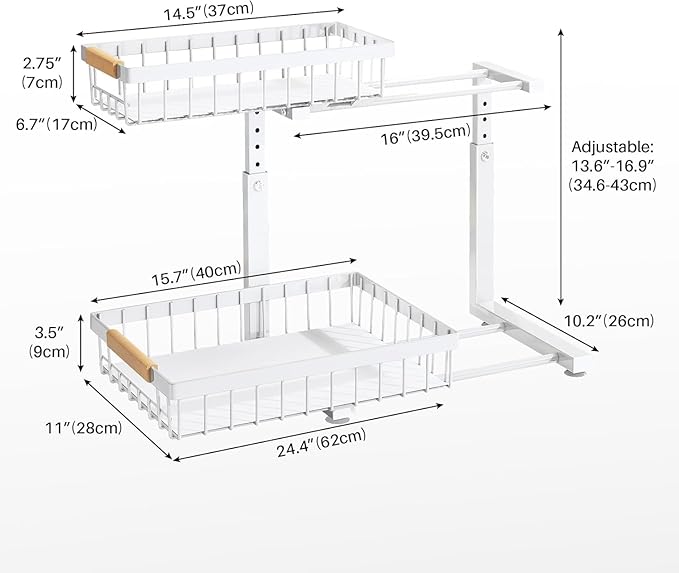 PXRACK 1 Pack Under Sink Organizer,Adjustable Height,2 Tier Pull Out Under Cabinet Organizer,Slide Out Thickened Metal Under Sink Storage for Kitchen Bathroom Laundry Cabinet Pantry,White