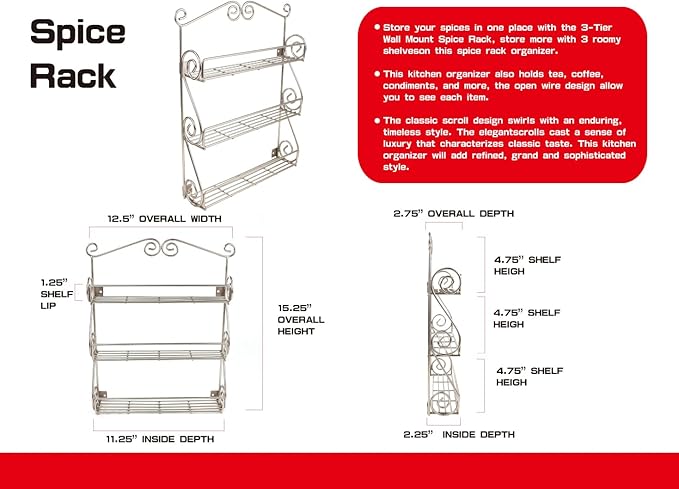 FitWell Scroll Wall Mount Spice Rack, 3-Tier, Traditional Spice Rack Cabinet & Kitchen, Beauty & Nail Polish Organizer for Bathroom, Scroll Wall-Mounted (Satin Nickel)
